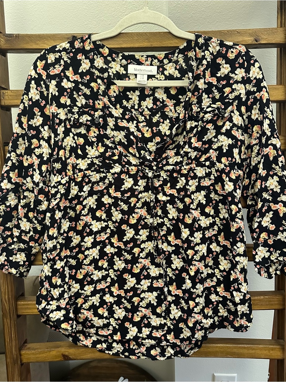 Motherhood Black Floral Top with Cream & Pink Accents